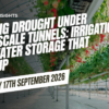 Drip irrigation lines feeding strawberry plants on substrate inside a large high tunnel