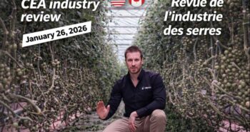 CEA industry review cover: greenhouse tomato production under LED lighting, featuring a market review for the U.S. and Canada / Couverture “CEA industry review” : culture de tomates en serre sous éclairage LED, revue de marché États-Unis et Canada.
