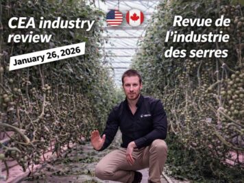 CEA industry review cover: greenhouse tomato production under LED lighting, featuring a market review for the U.S. and Canada / Couverture “CEA industry review” : culture de tomates en serre sous éclairage LED, revue de marché États-Unis et Canada.