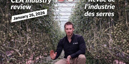 CEA industry review cover: greenhouse tomato production under LED lighting, featuring a market review for the U.S. and Canada / Couverture “CEA industry review” : culture de tomates en serre sous éclairage LED, revue de marché États-Unis et Canada.