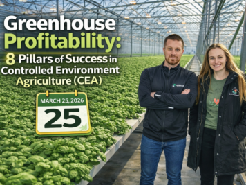 Two professionals in hydroponic basil greenhouse cultivation demonstrate the profitability of greenhouses and the eight pillars of success in controlled-environment agriculture (CEA)