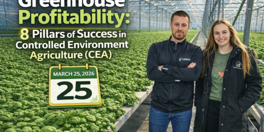 Two professionals in hydroponic basil greenhouse cultivation demonstrate the profitability of greenhouses and the eight pillars of success in controlled-environment agriculture (CEA)