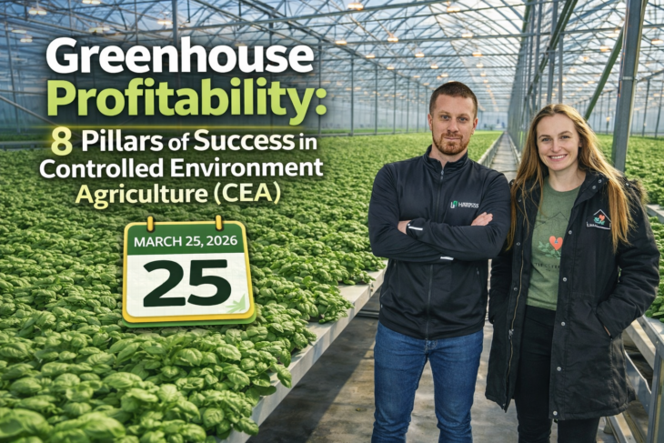 Two professionals in hydroponic basil greenhouse cultivation demonstrate the profitability of greenhouses and the eight pillars of success in controlled-environment agriculture (CEA)