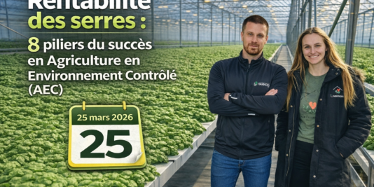 Deux professionnels en serre hydroponique de basilic illustrant la rentabilité des serres et les 8 piliers du succès en agriculture en environnement contrôlé (AEC)