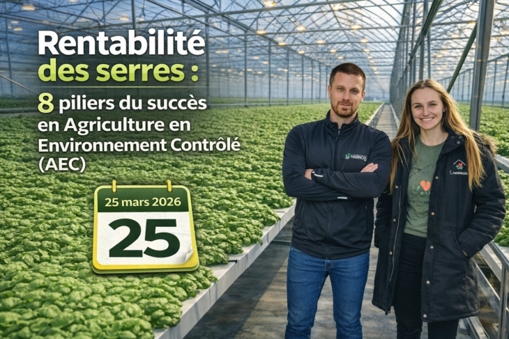 Deux professionnels en serre hydroponique de basilic illustrant la rentabilité des serres et les 8 piliers du succès en agriculture en environnement contrôlé (AEC)