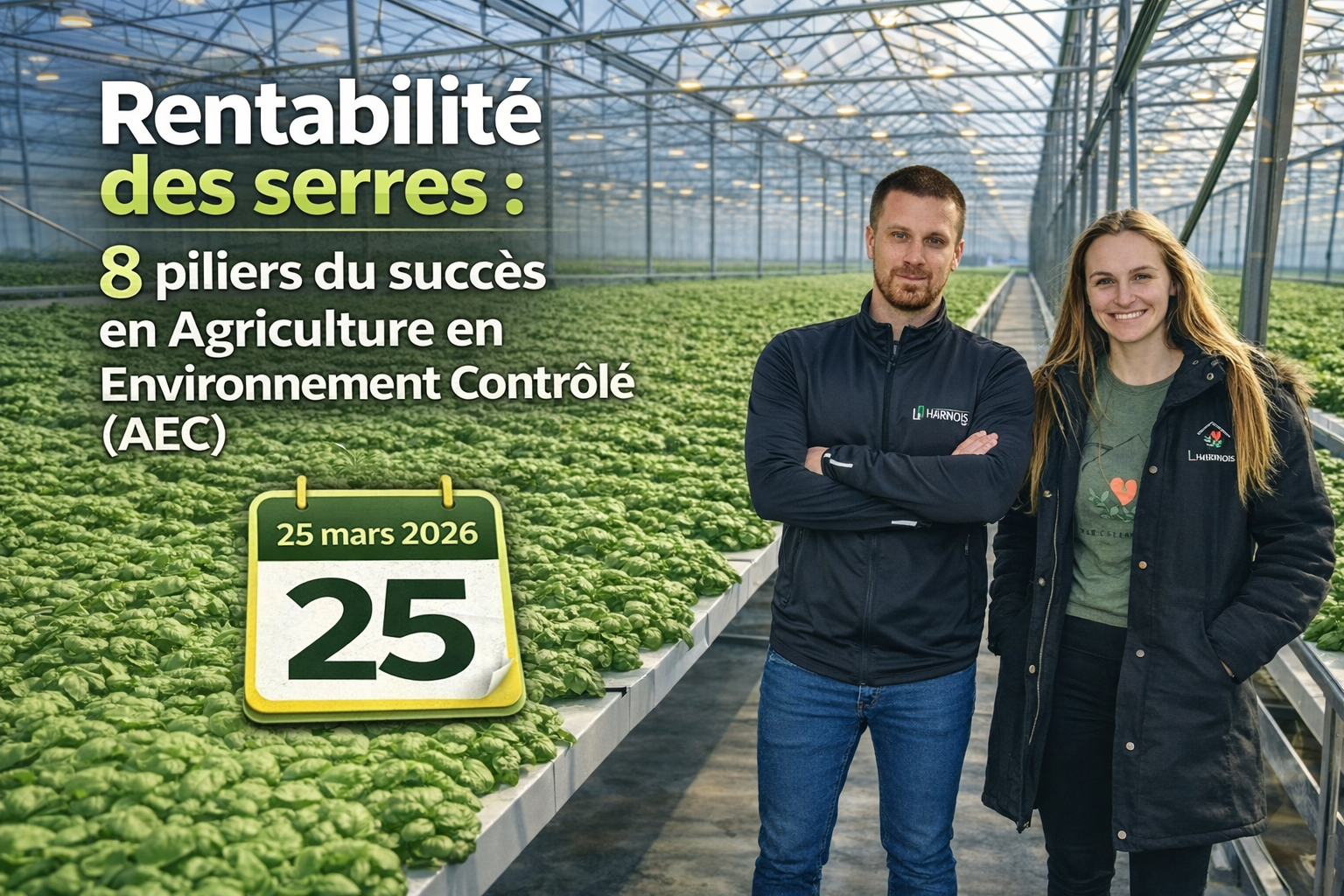 Deux professionnels en serre hydroponique de basilic illustrant la rentabilité des serres et les 8 piliers du succès en agriculture en environnement contrôlé (AEC)