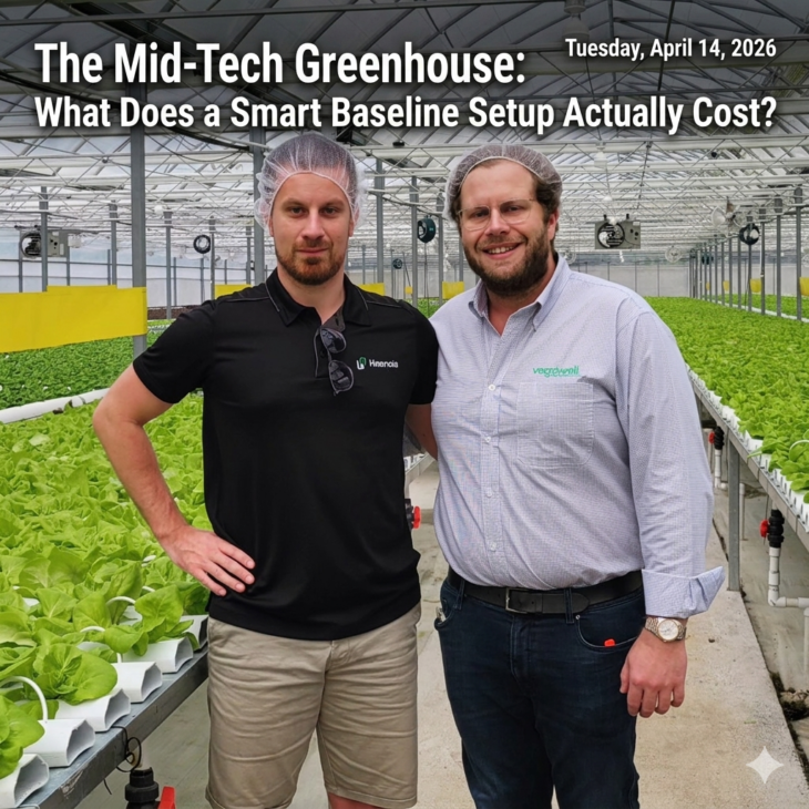 Mid-tech Luminosa multispan poly greenhouse interior showing growing system and climate equipment for a CEA baseline setup in North America