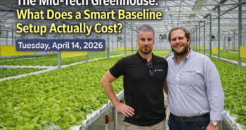 Luminosa multispan poly greenhouse interior showing growing system and climate equipment for a CEA baseline setup in North America