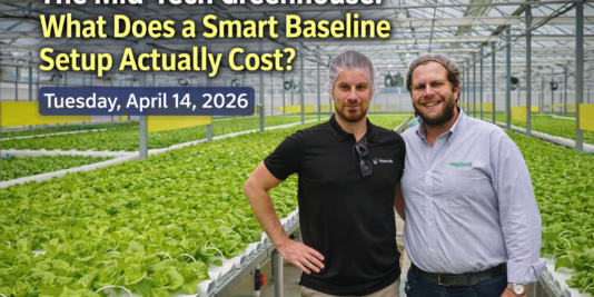Luminosa multispan poly greenhouse interior showing growing system and climate equipment for a CEA baseline setup in North America