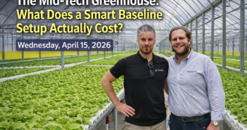 Luminosa multispan poly greenhouse interior showing growing system and climate equipment for a CEA baseline setup in North America