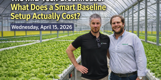 Luminosa multispan poly greenhouse interior showing growing system and climate equipment for a CEA baseline setup in North America