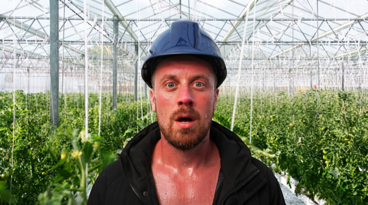 Climate resilient greenhouse with tomato crops under intense heat wave sunlight