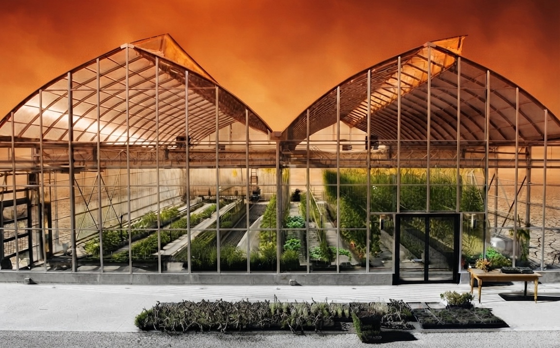 Climate resilient greenhouse with tomato crops under intense heat wave sunlight
