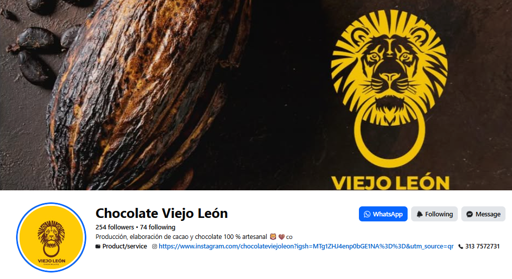 Captura de pantalla de la página de Facebook de Chocolate Viejo León, finca cacaotera de Támesis, Antioquia